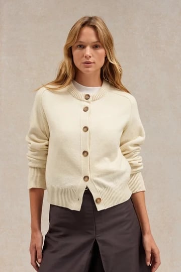Cardigan boutonné col rond, Ecru