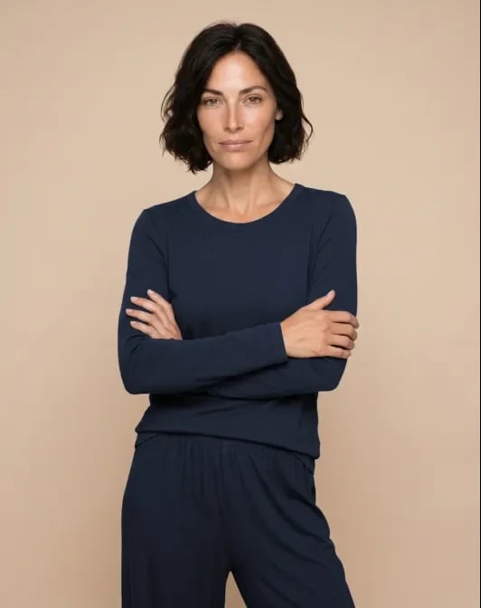 Tee-shirt col rond manches longues en coton modal NINA, Marine