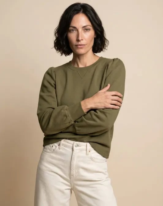 MAISON LEMAHIEU Sweat ELISABETH col rond, fronces épaules, Vert écorce