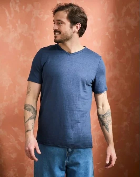 MAISON LEMAHIEU Tee-shirt en lin jersey col V, Marine